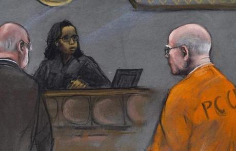 A courtroom artist's sketch shows Judge Denise Casper  speaking during the sentencing  of convicted gangster James 